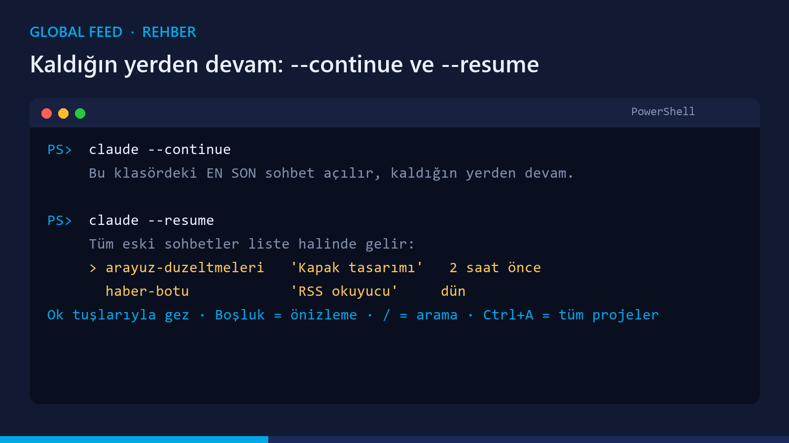 claude --continue ve --resume kullanımı